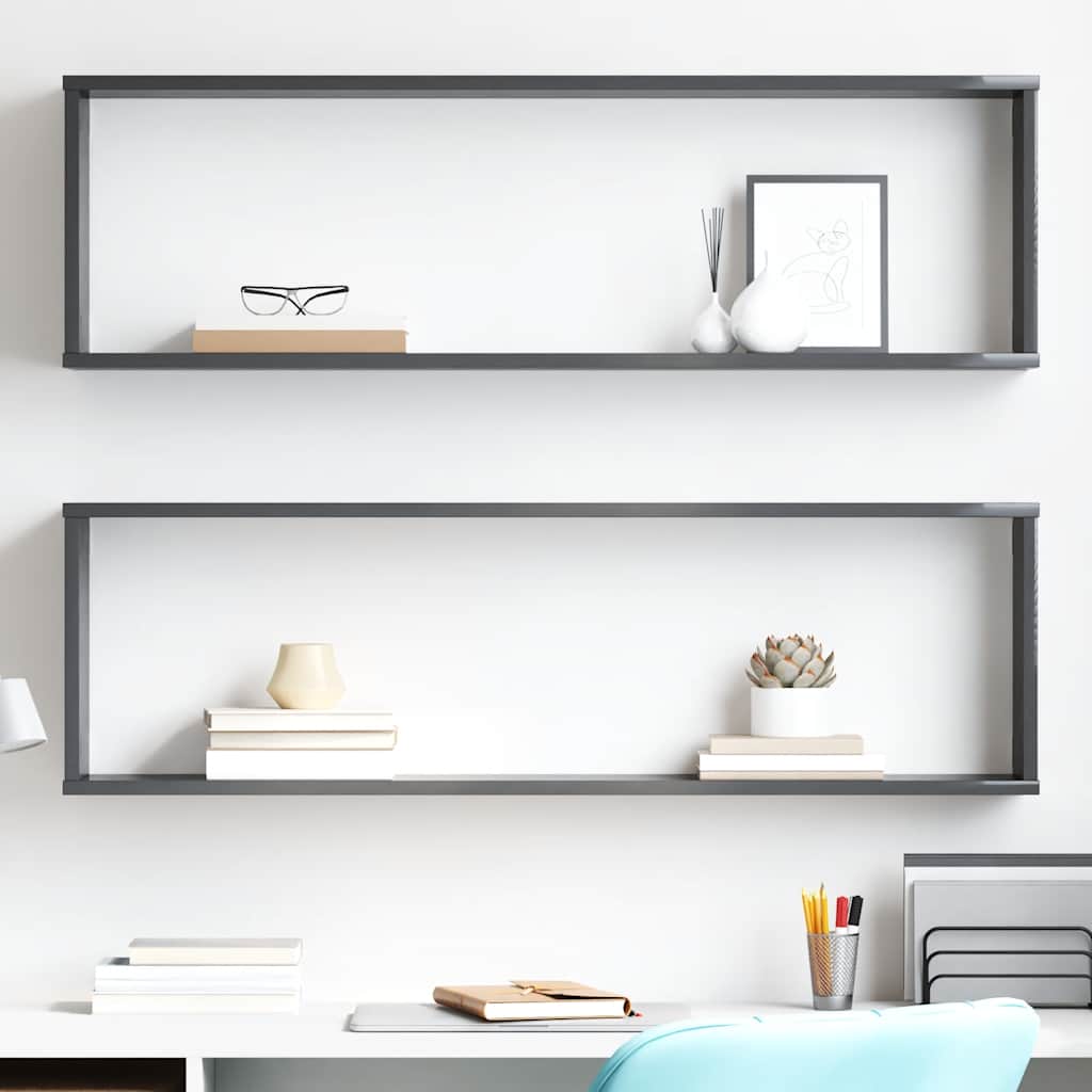 Wall Cube Shelves 2 pcs High Gloss Grey 100x15x30 cm Engineered Wood