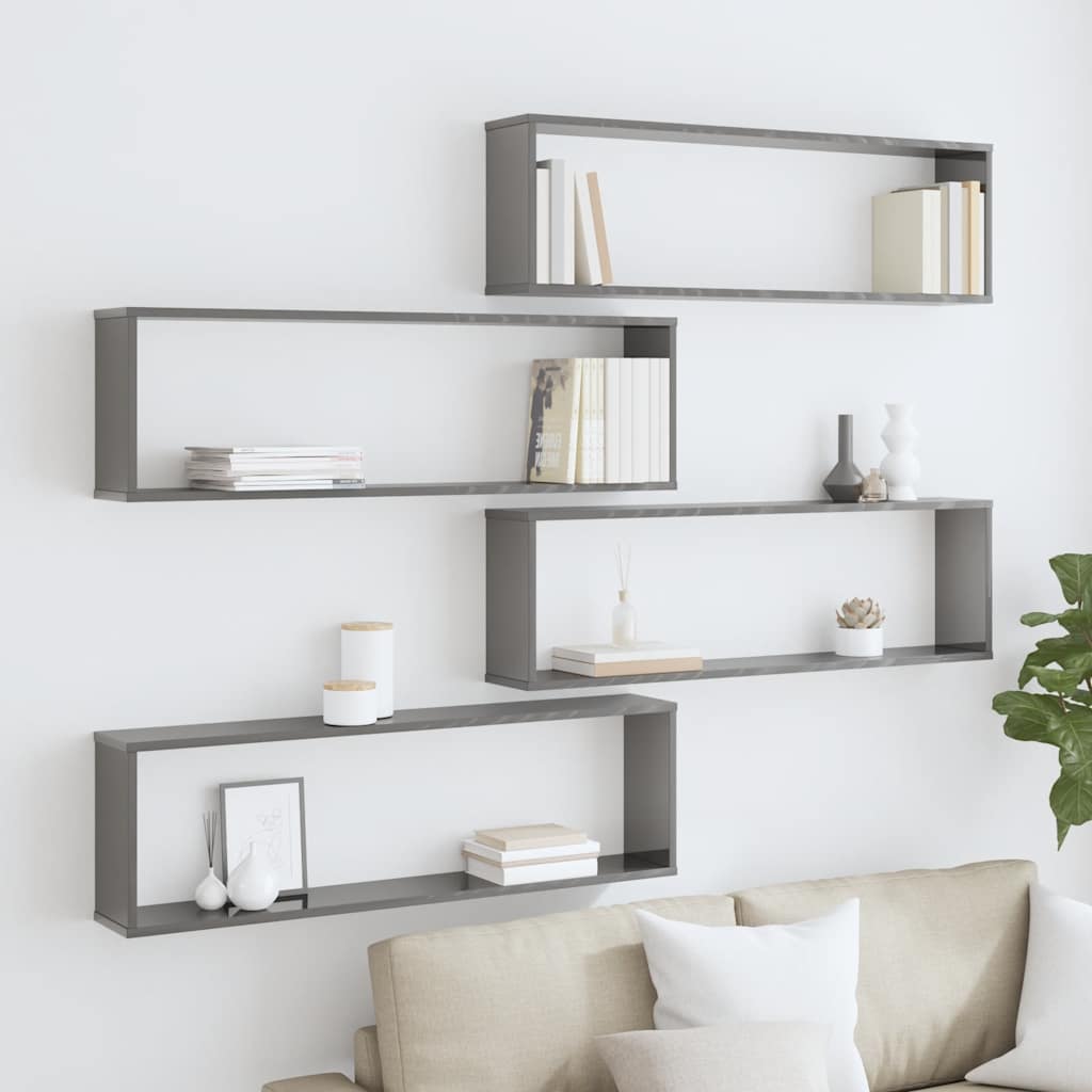 Wall Cube Shelves 4 pcs High Gloss Grey 100x15x30 cm Engineered Wood