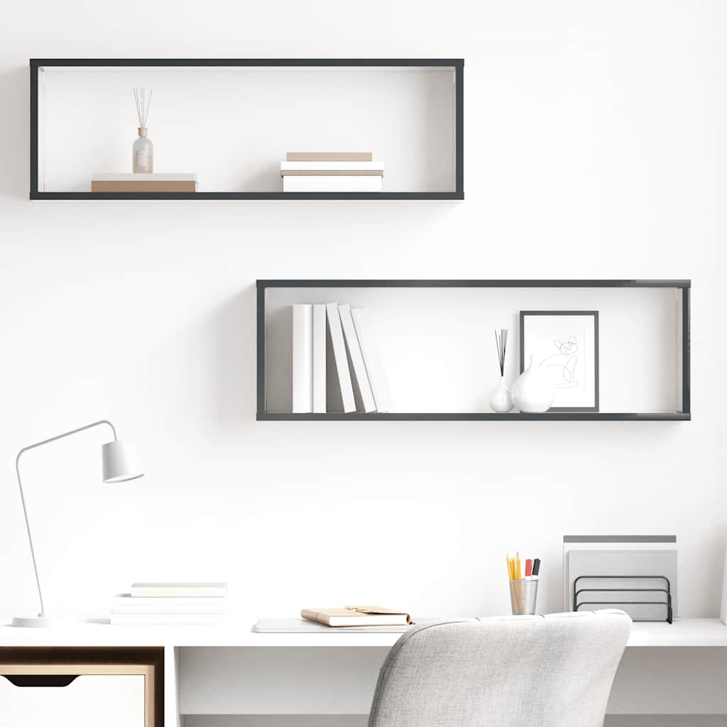 Wall Cube Shelves 2 pcs High Gloss Grey 80x15x26.5 cm Engineered Wood