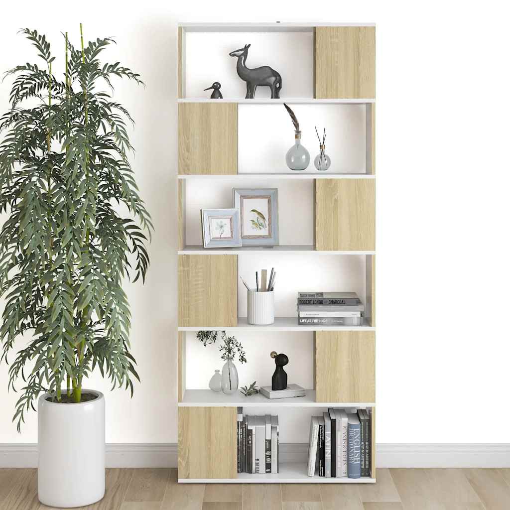 Book Cabinet Room Divider White and Sonoma Oak 80x24x186 cm Engineered Wood