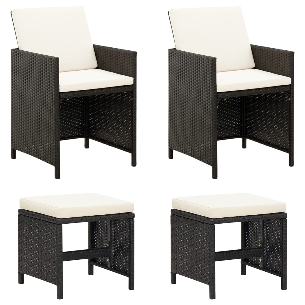 4 Piece Garden Chair and Stool Set Poly Rattan Black