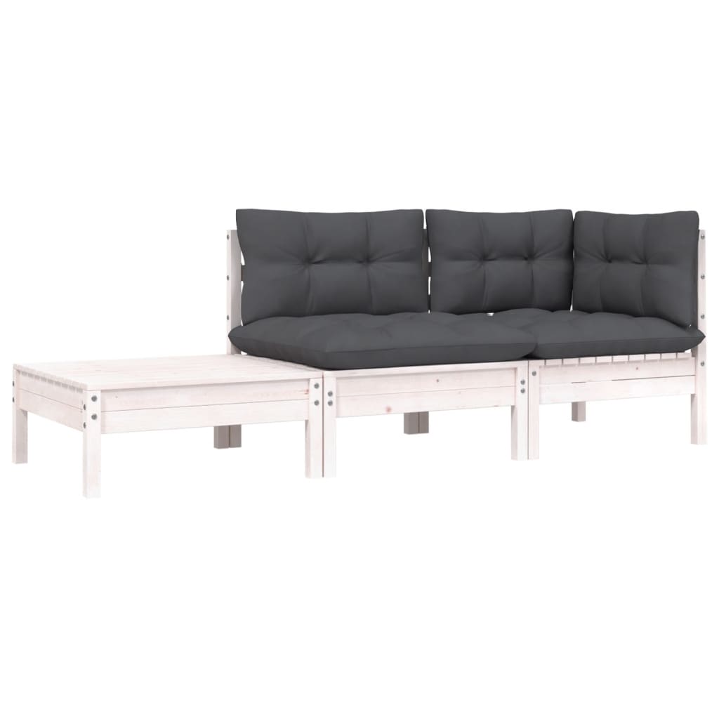 3 Piece Garden Lounge Set with Cushions White Solid Pinewood