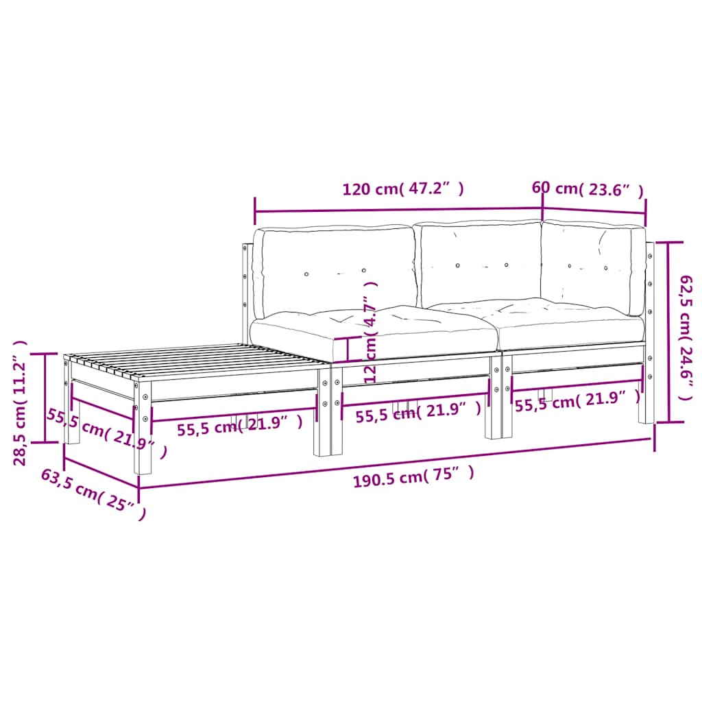 3 Piece Garden Lounge Set with Cushions White Solid Pinewood
