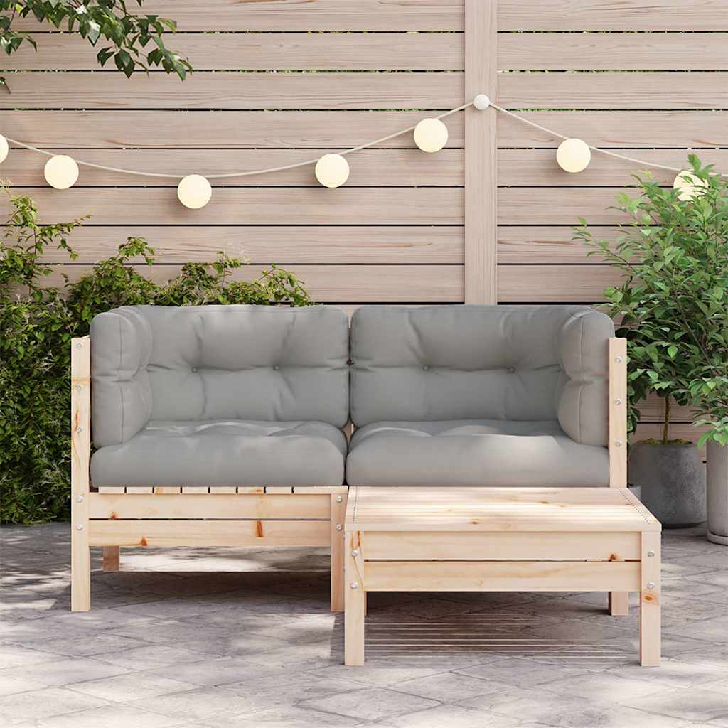 3 Piece Garden Lounge Set with Grey Cushions Solid Pinewood