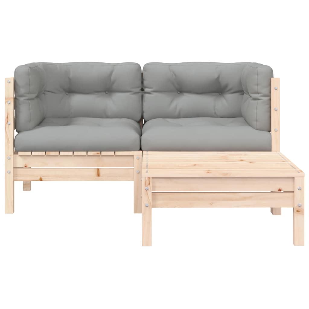 3 Piece Garden Lounge Set with Grey Cushions Solid Pinewood