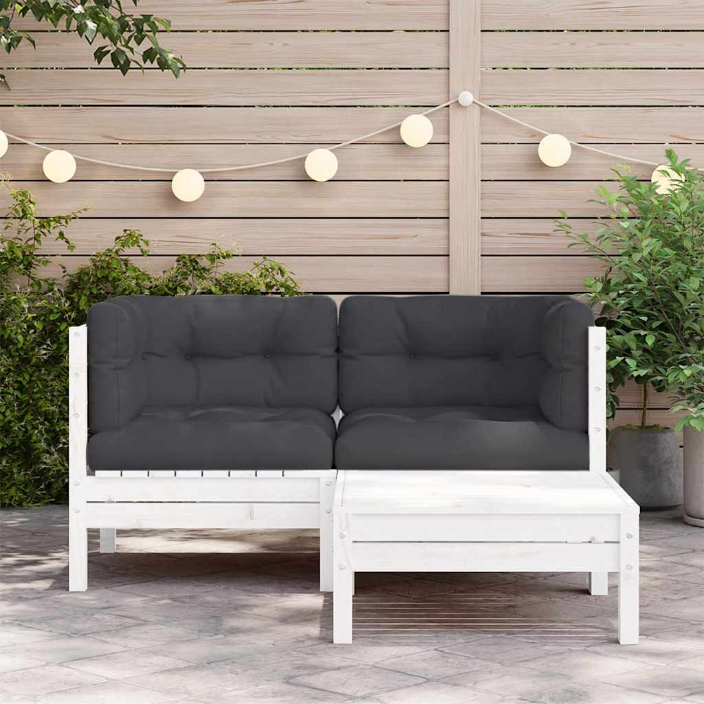 3 Piece Garden Lounge Set with Cushions White Solid Pinewood