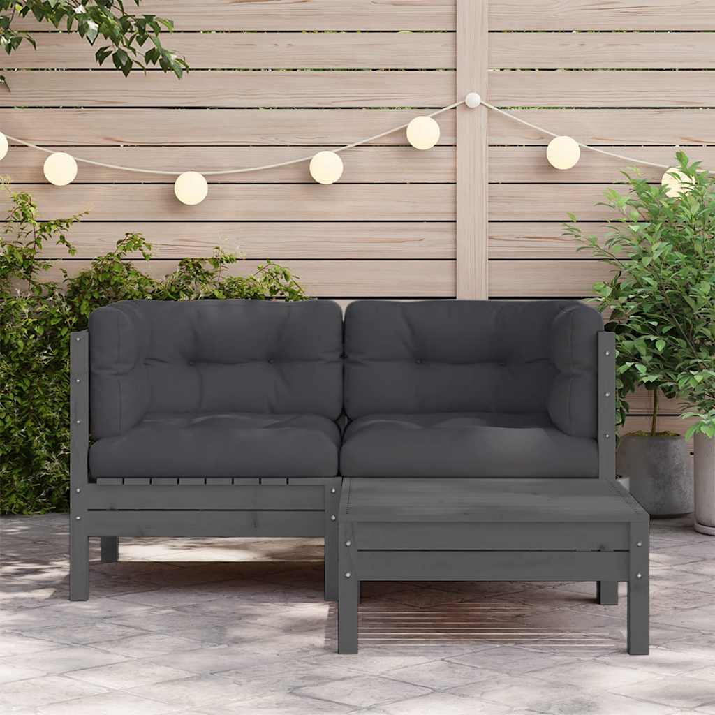 3 Piece Garden Lounge Set with Cushions Grey Solid Pinewood