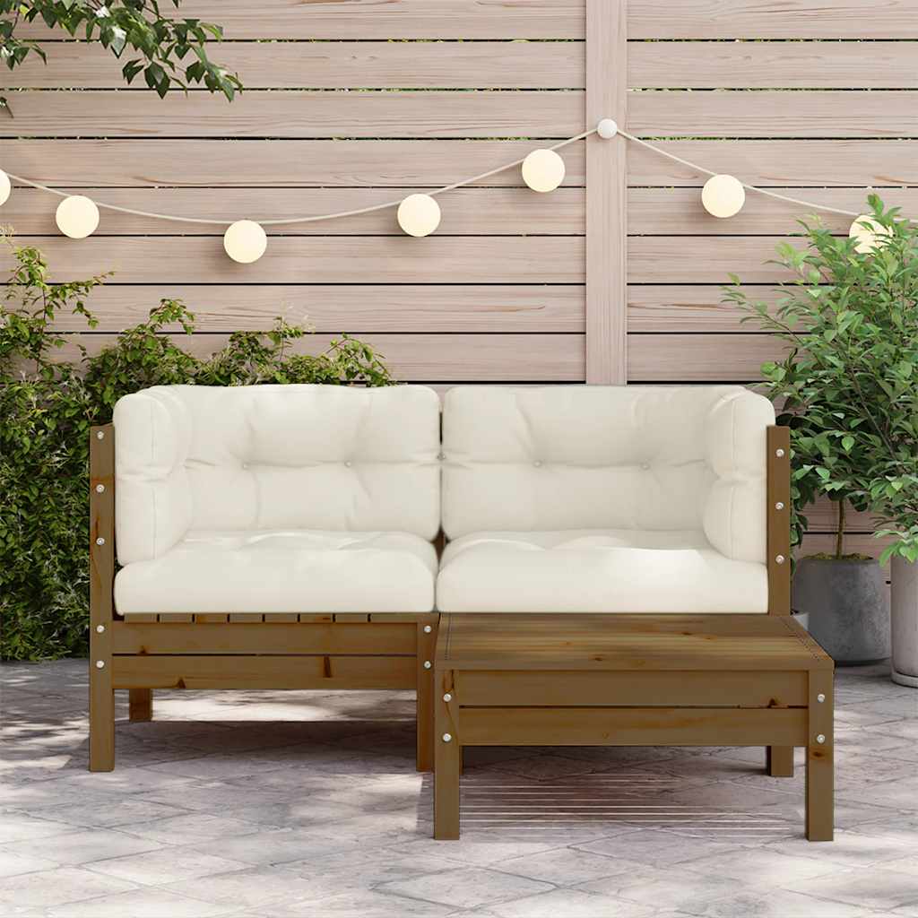 3 Piece Garden Lounge Set with Cream Cushions Solid Pinewood