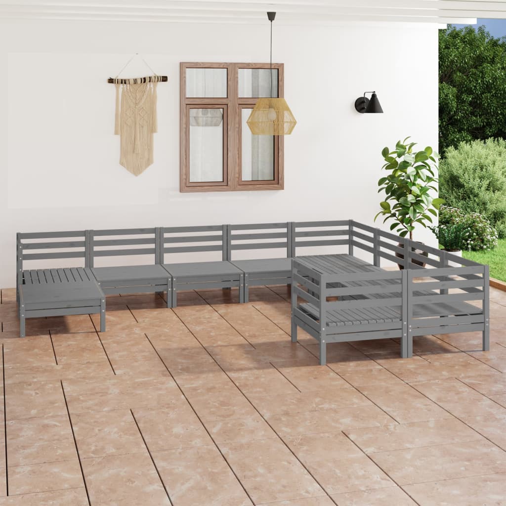 10 Piece Garden Lounge Set Grey Solid Pinewood