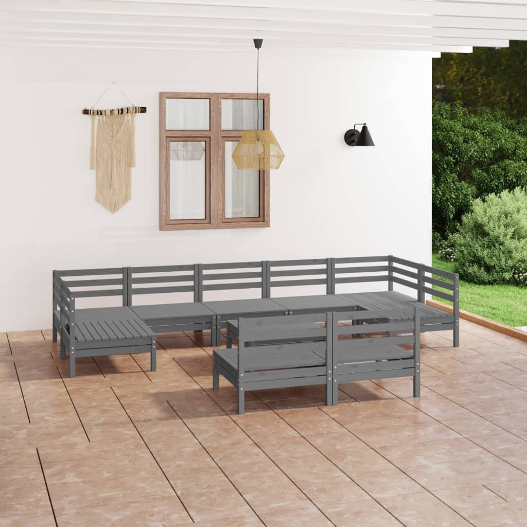 10 Piece Garden Lounge Set Grey Solid Pinewood