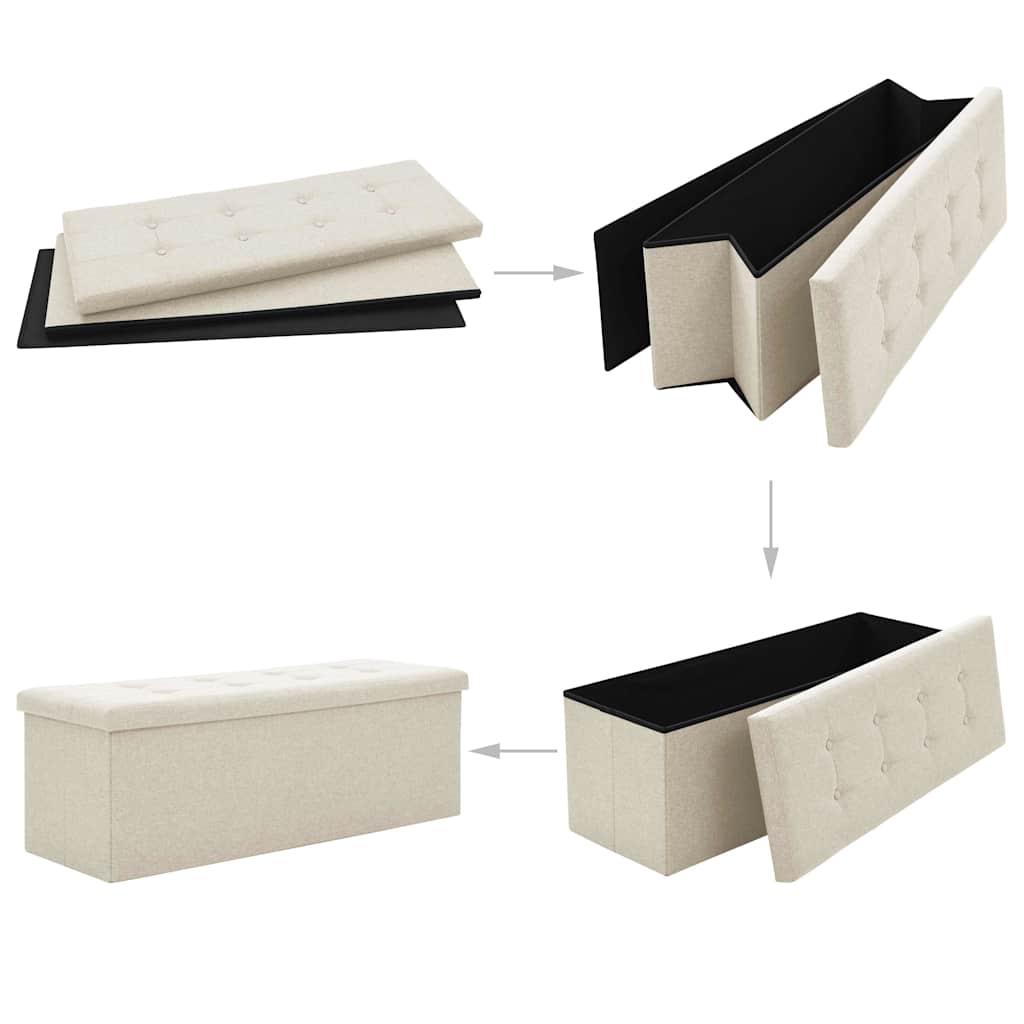 Folding Storage Bench Cream White Faux Linen