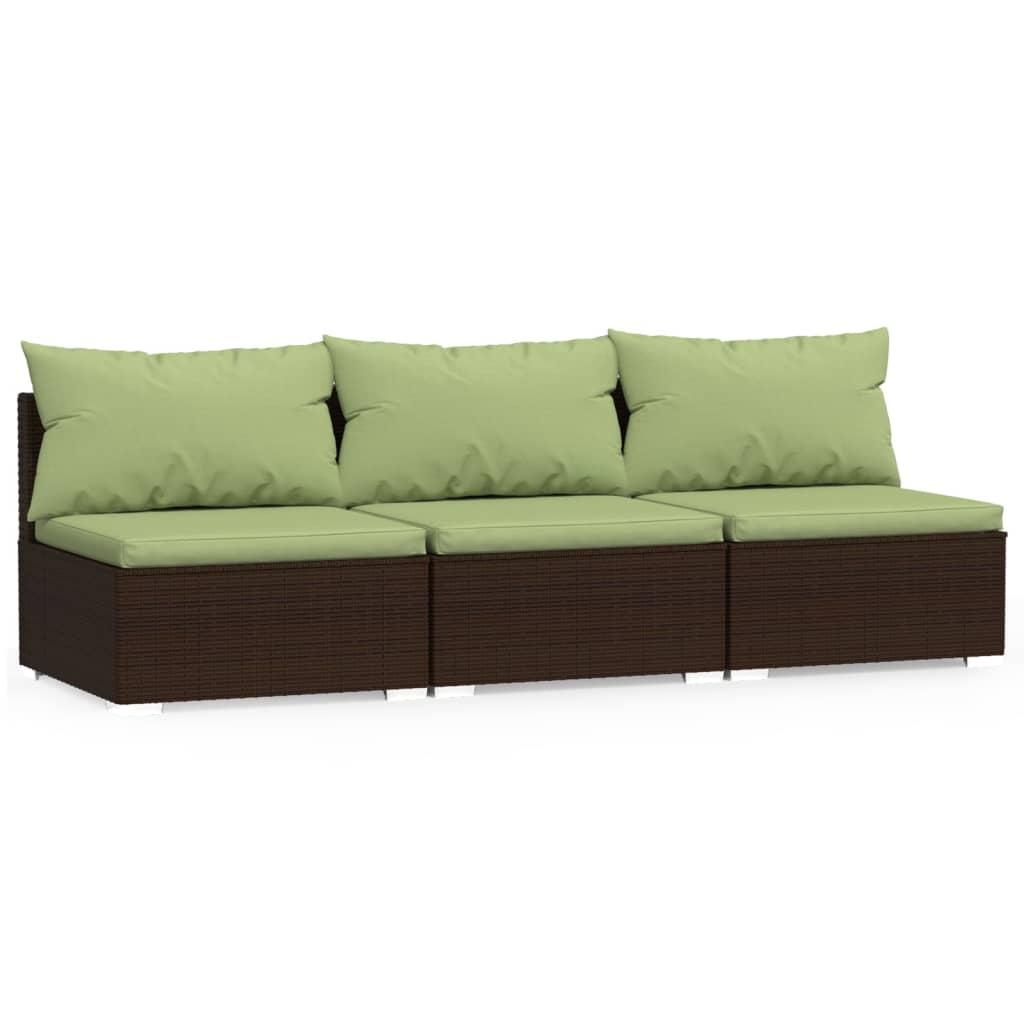 3-Seater Sofa with Cushions Brown Poly Rattan