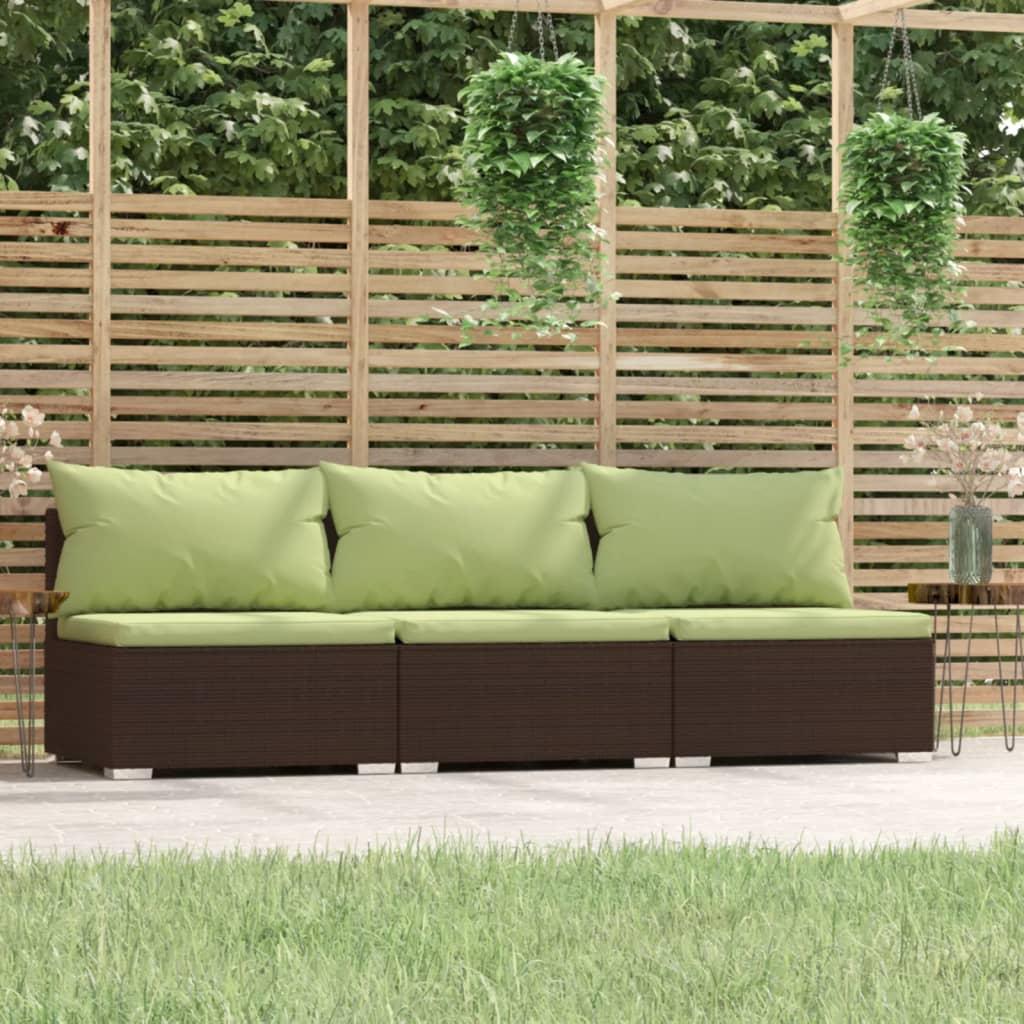 3-Seater Sofa with Cushions Brown Poly Rattan