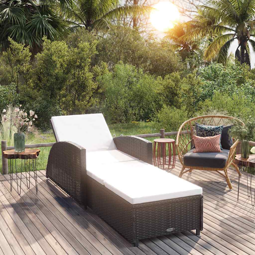 Sun Lounger with Cream White Cushion Poly Rattan Black