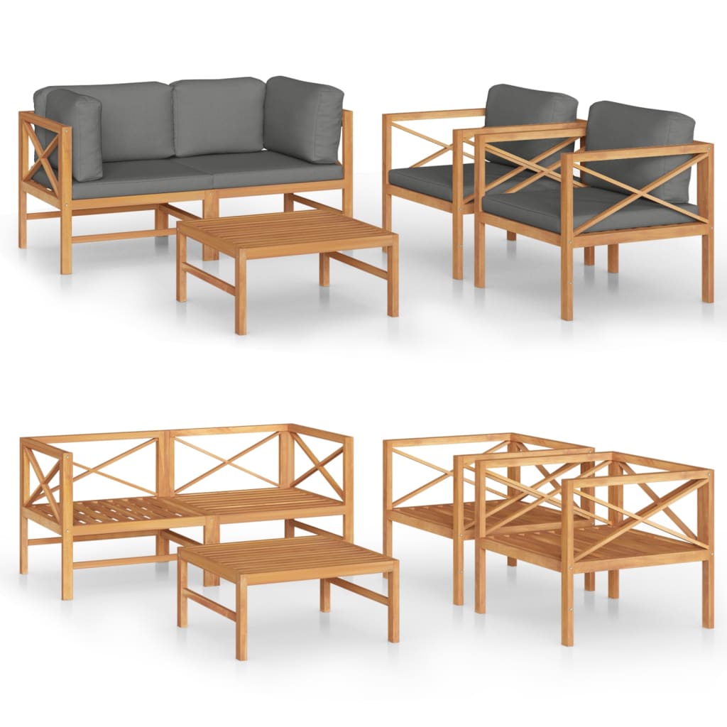 5 Piece Garden Lounge Set with Grey Cushions Solid Wood Teak