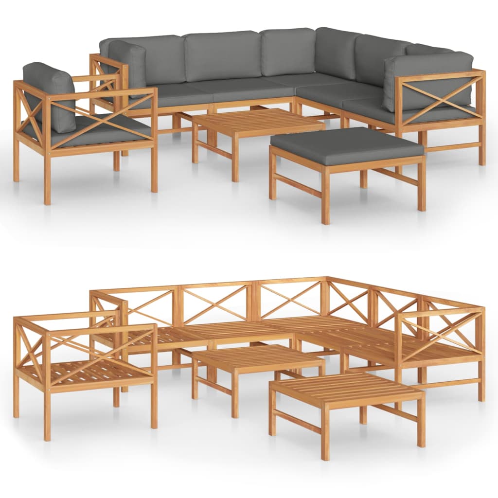 8 Piece Garden Lounge Set with Grey Cushions Solid Wood Teak
