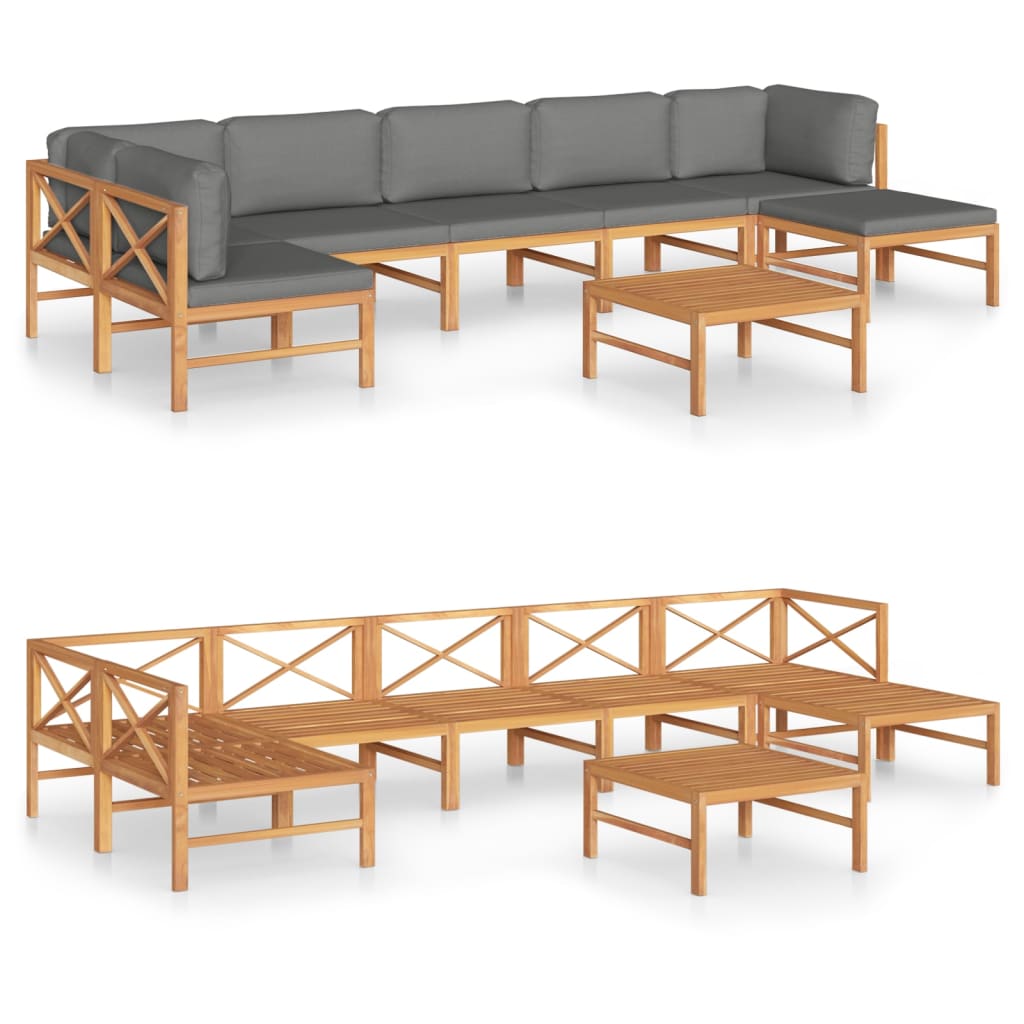 8 Piece Garden Lounge Set with Grey Cushions Solid Teak Wood