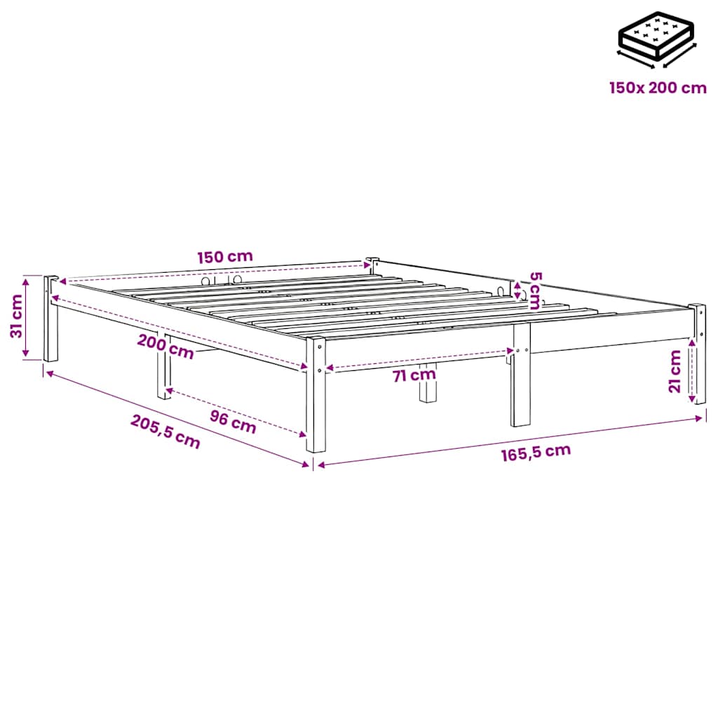 Bed Frame without Mattress Solid Wood 150x200 cm