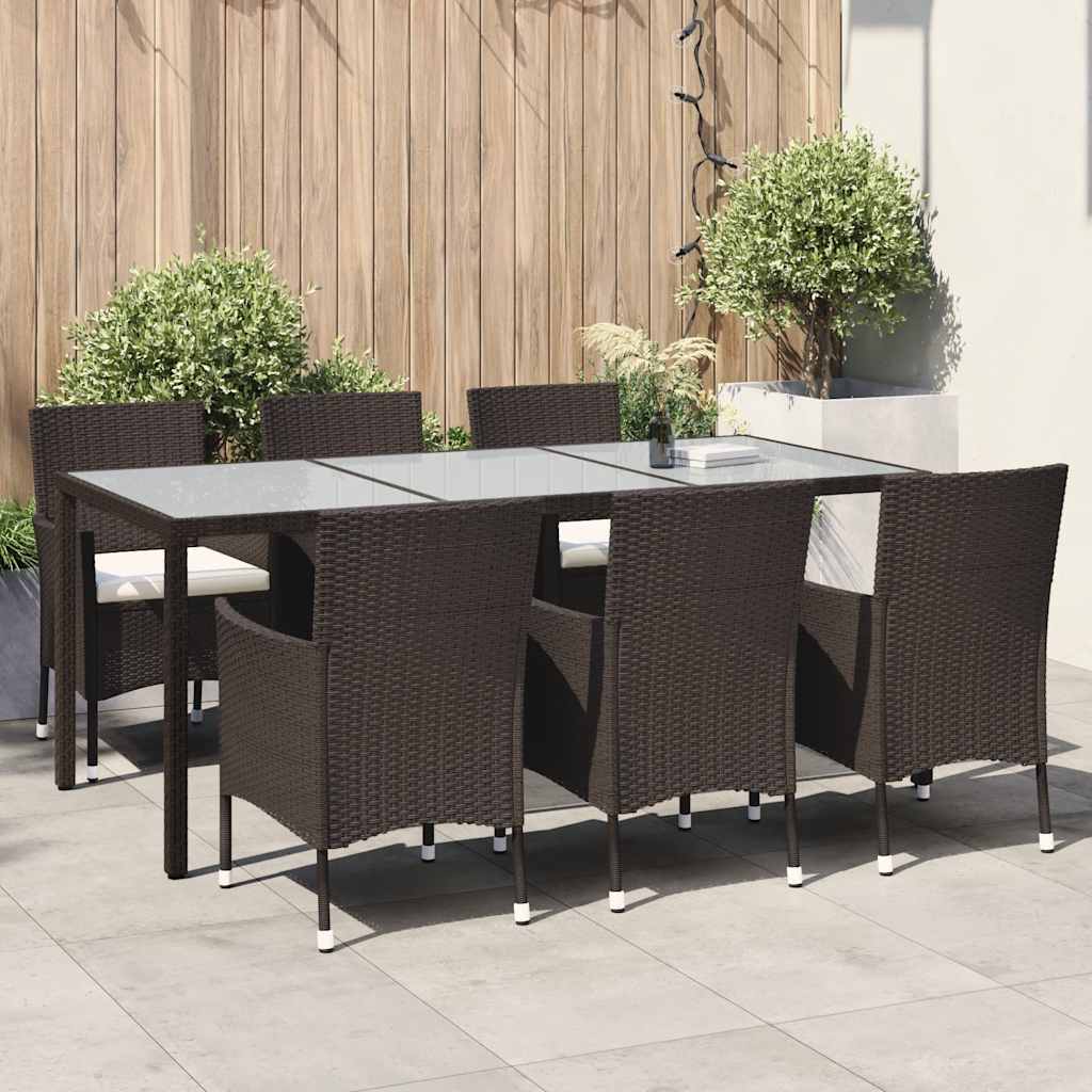 7 Piece Outdoor Dining Set with Cushions Poly Rattan Brown