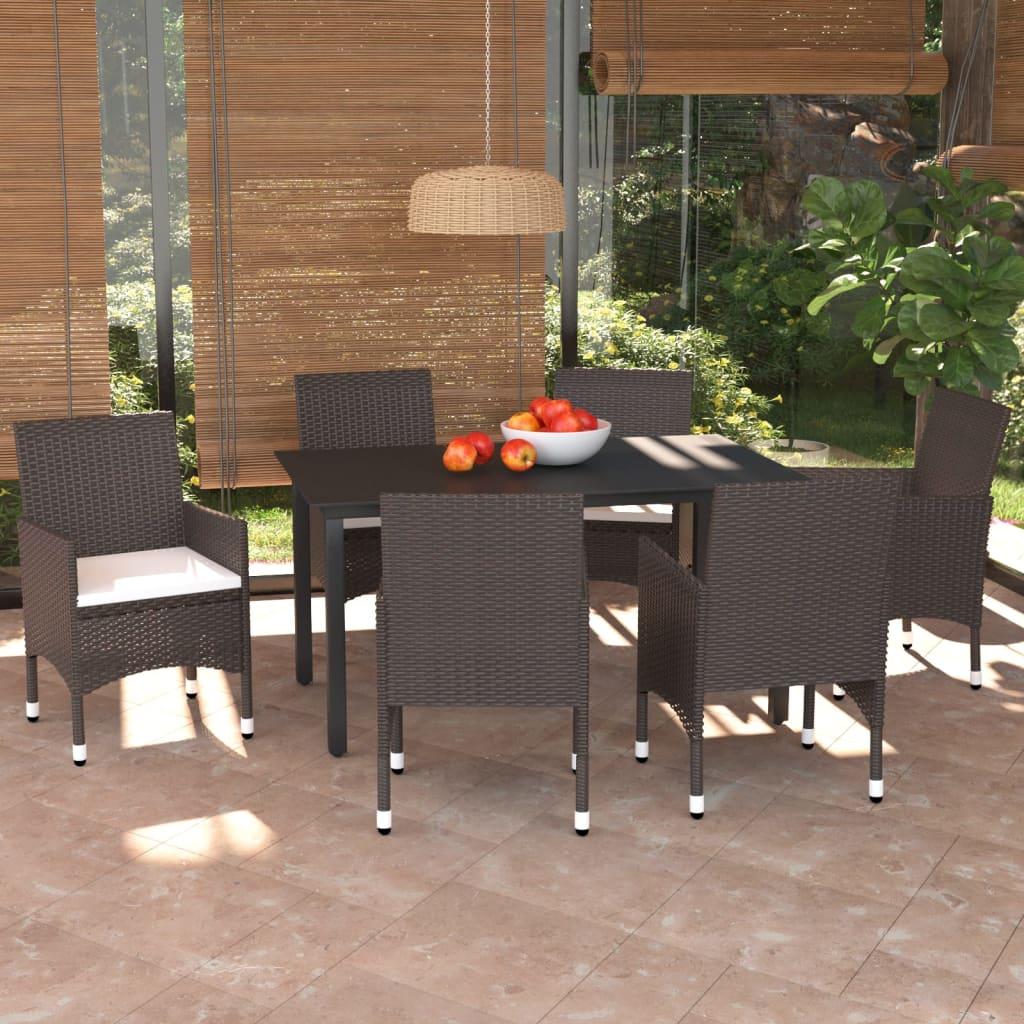 7 Piece Garden Dining Set with Cushions Poly Rattan Brown