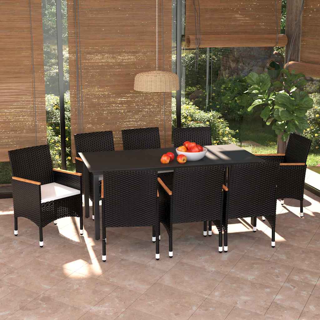 9 Piece Garden Dining Set with Cushions Poly Rattan Black