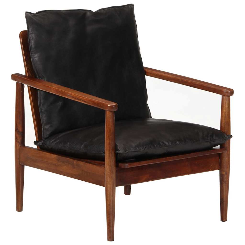 Armchair Black Real Leather and Solid Wood Acacia