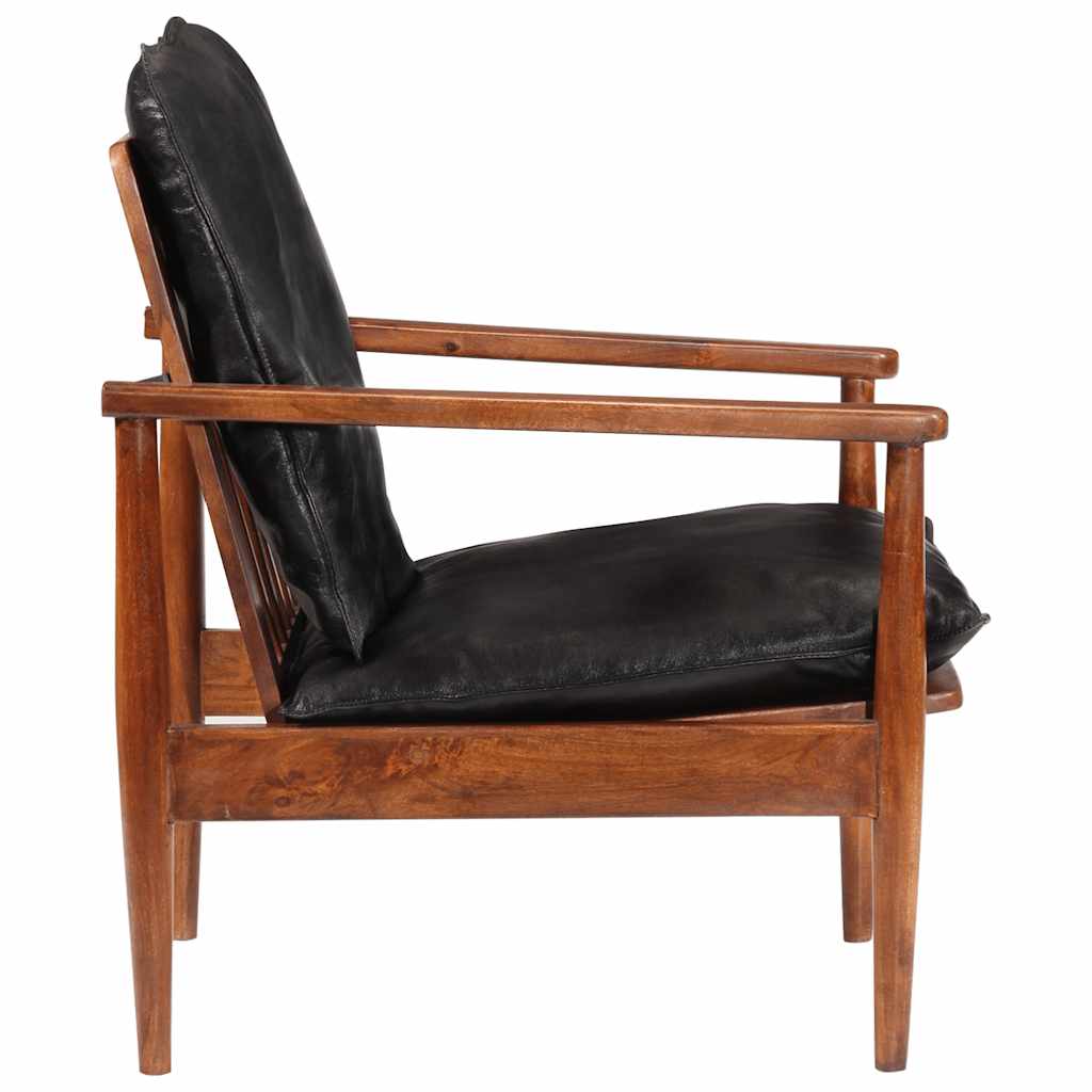 Armchair Black Real Leather and Solid Wood Acacia