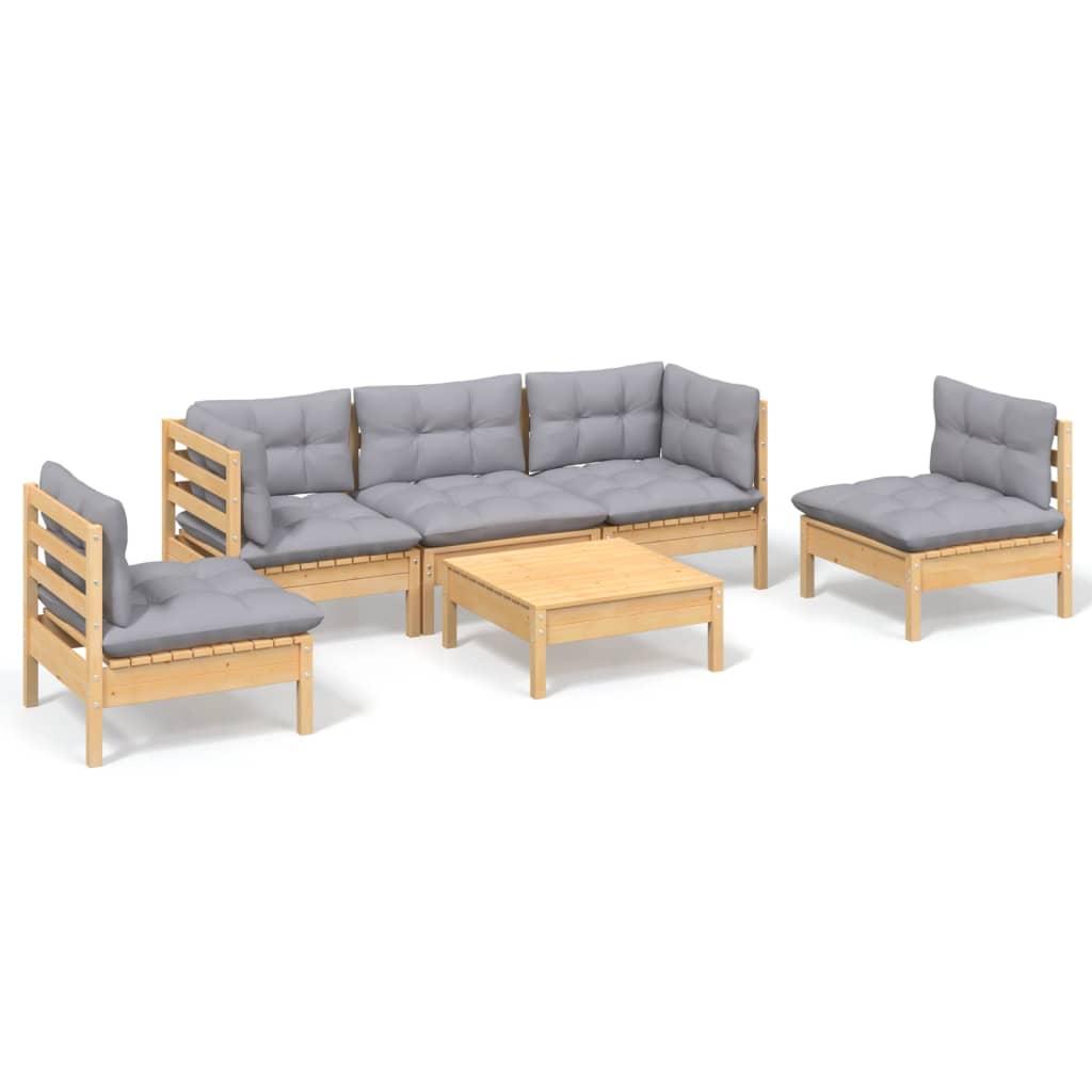 6 Piece Garden Lounge Set with Grey Cushions Solid Pinewood