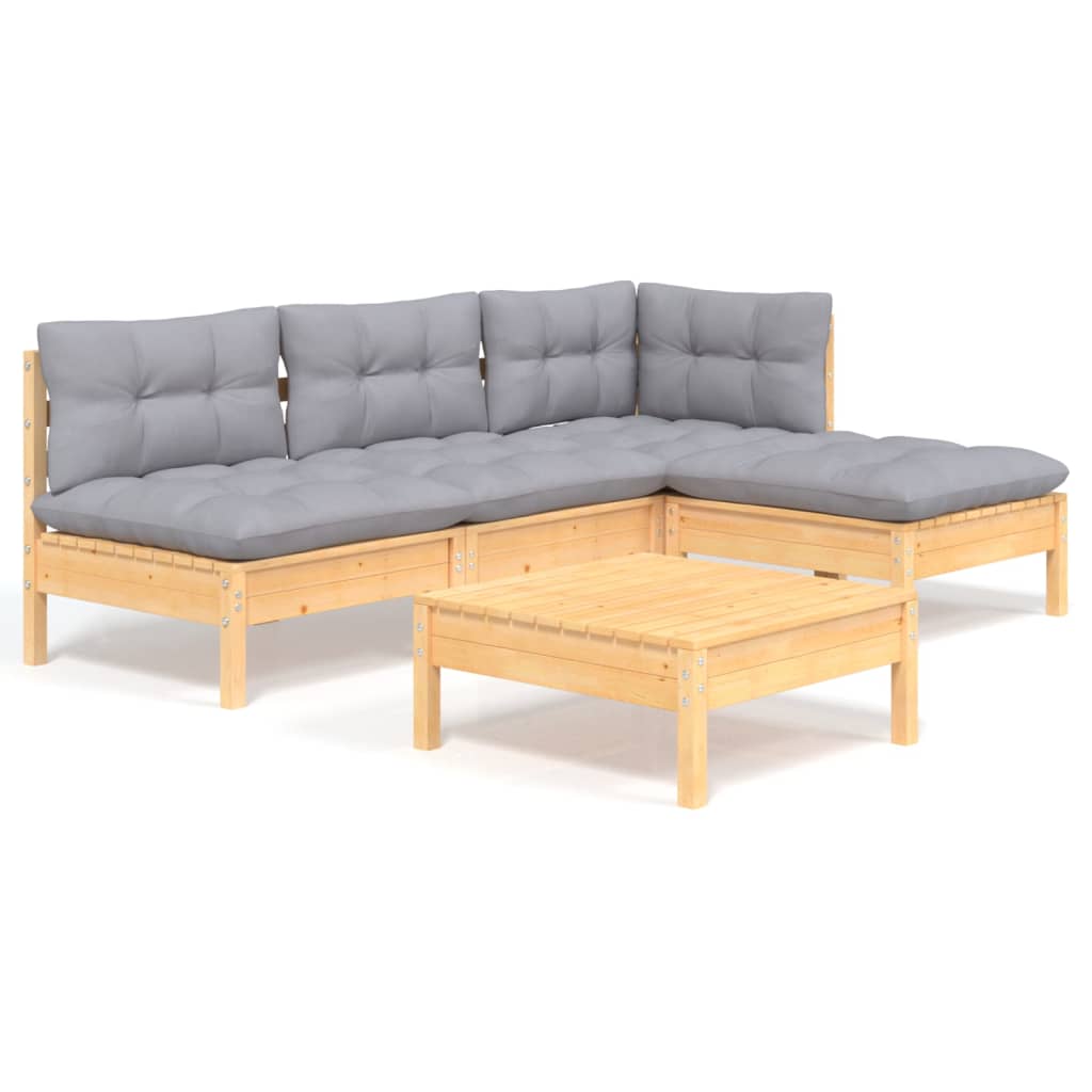 5 Piece Garden Lounge Set with Grey Cushions Pinewood