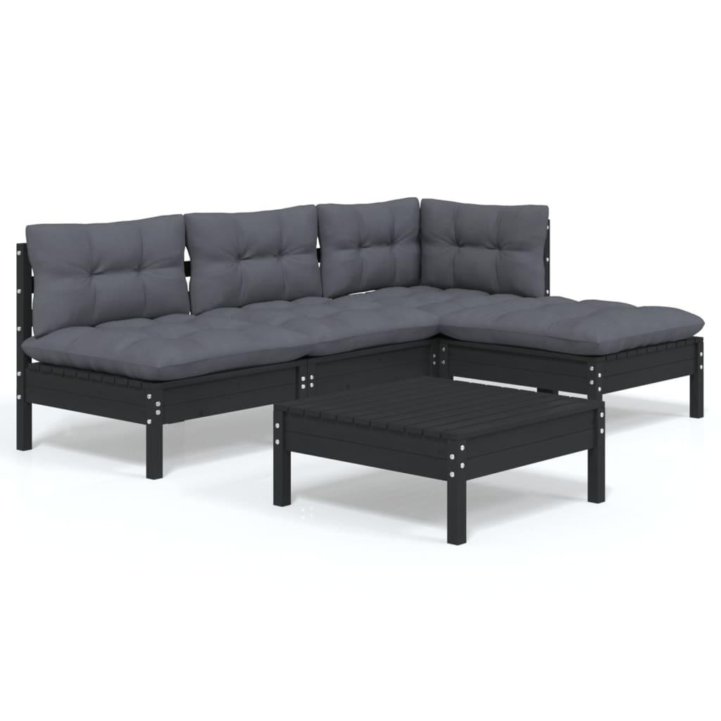 5 Piece Garden Lounge Set with Cushions Black Pinewood