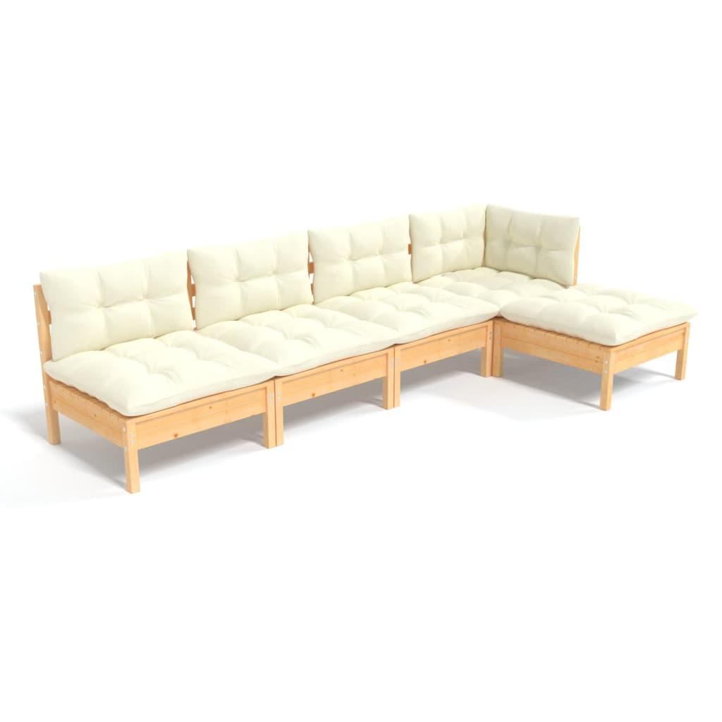 5 Piece Garden Lounge Set with Cream Cushions Pinewood