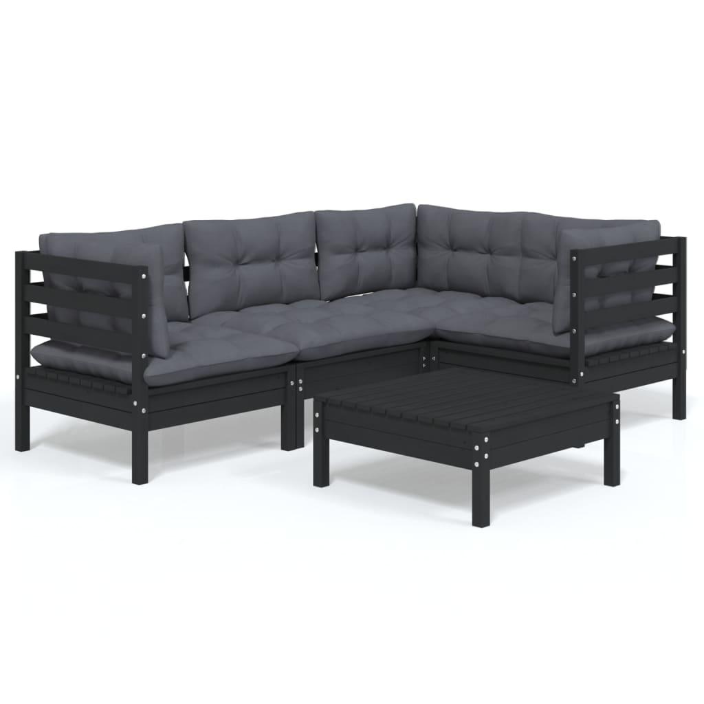 5 Piece Garden Lounge Set with Cushions Black Pinewood