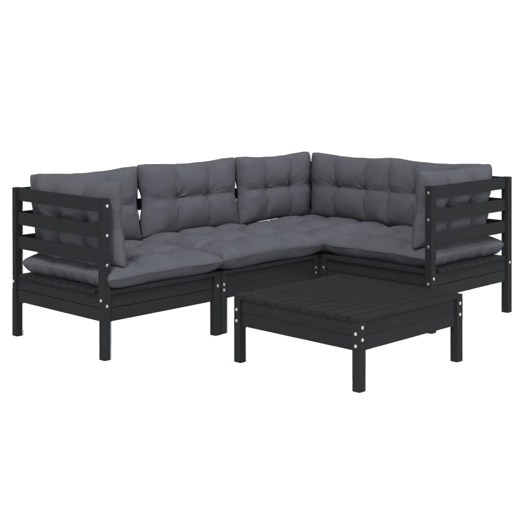 5 Piece Garden Lounge Set with Cushions Black Pinewood