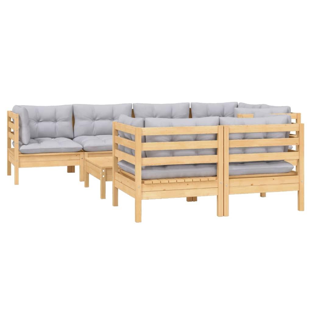 8 Piece Garden Lounge Set with Grey Cushions Solid Pinewood