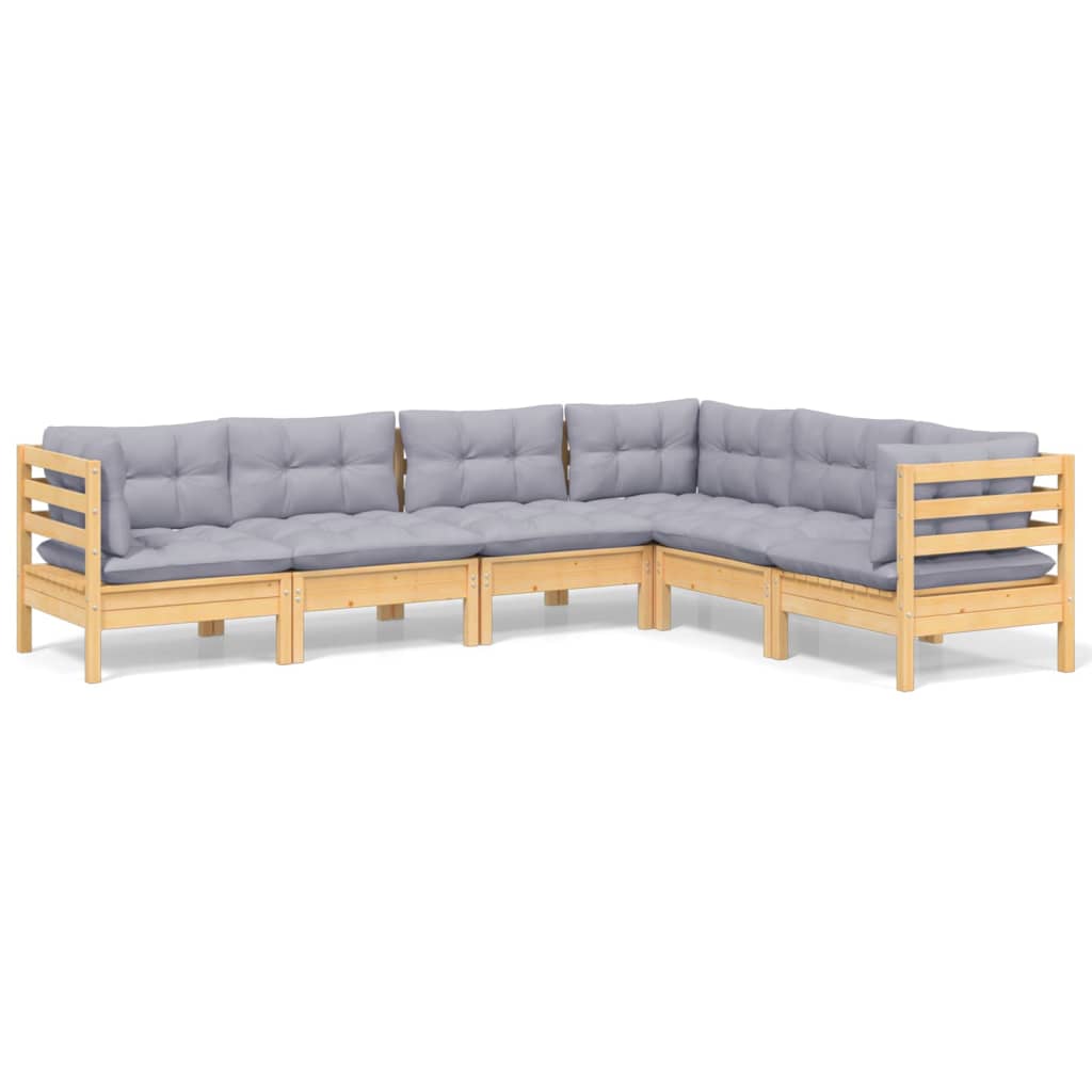 6 Piece Garden Lounge Set with Grey Cushions Solid Pinewood