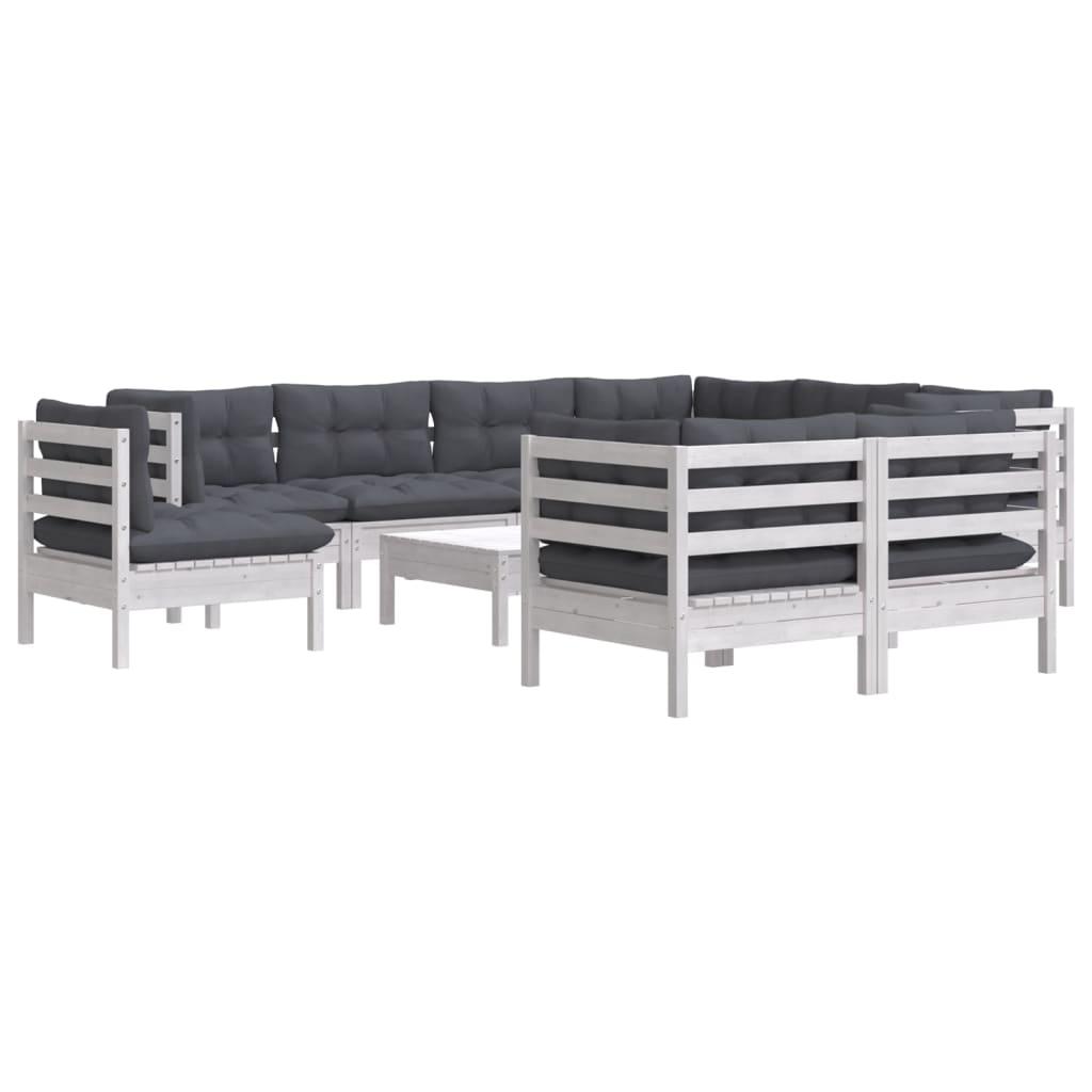 10 Piece Garden Lounge Set with Cushions White Solid Pinewood