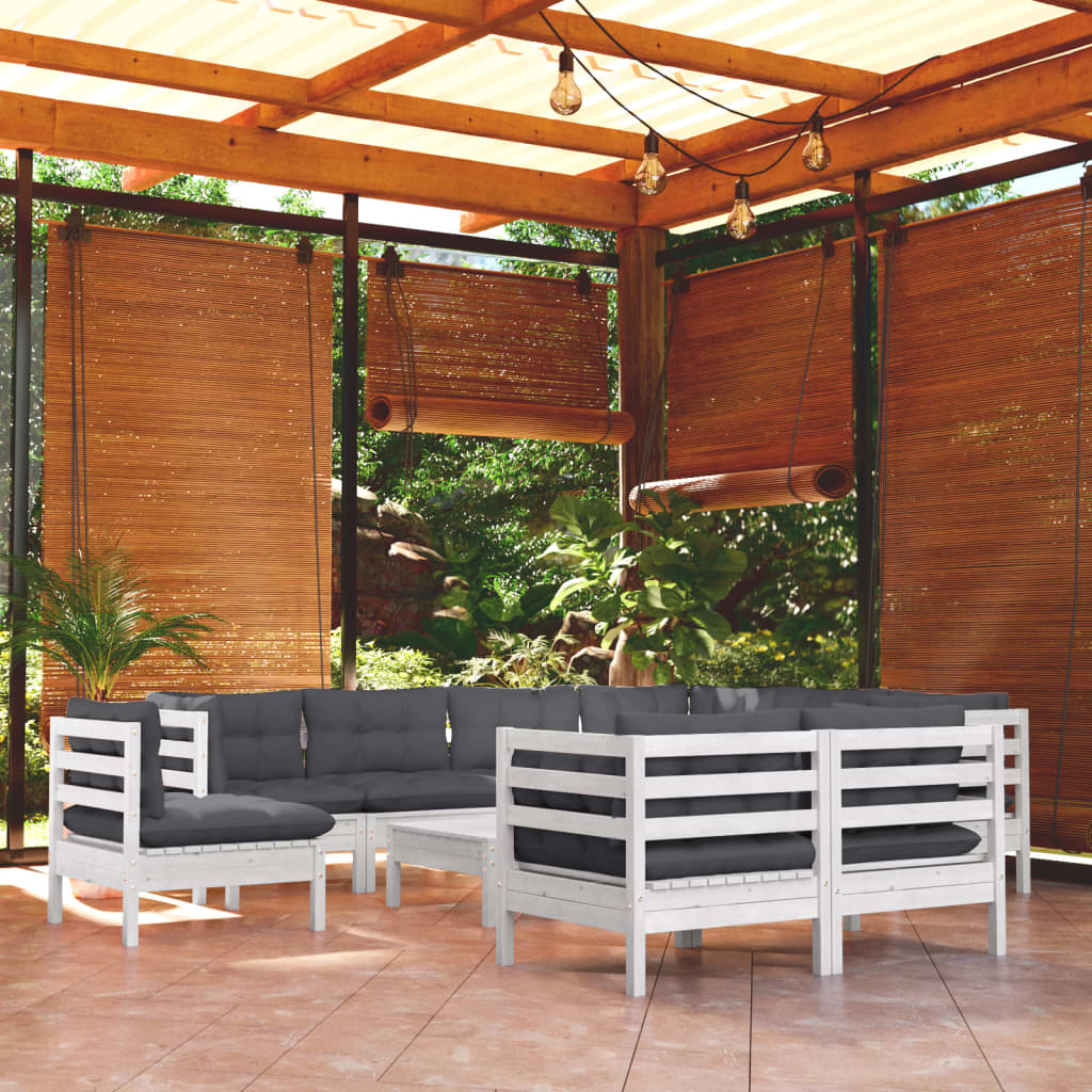10 Piece Garden Lounge Set with Cushions White Solid Pinewood
