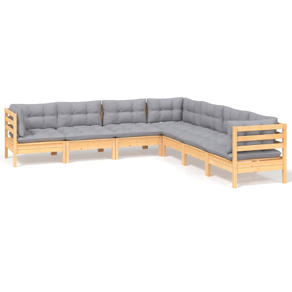 7 Piece Garden Lounge Set with Grey Cushions Solid Pinewood