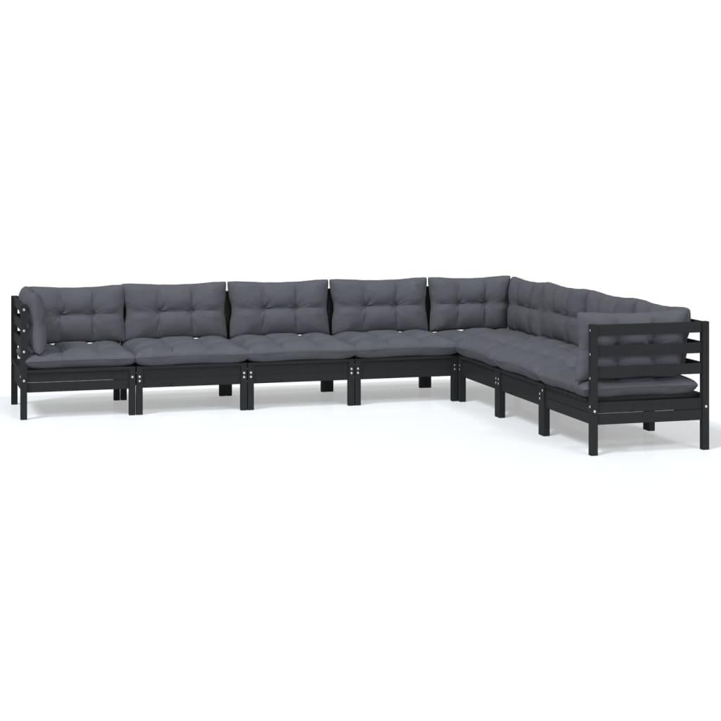 8 Piece Garden Lounge Set with Cushions Black Solid Pinewood