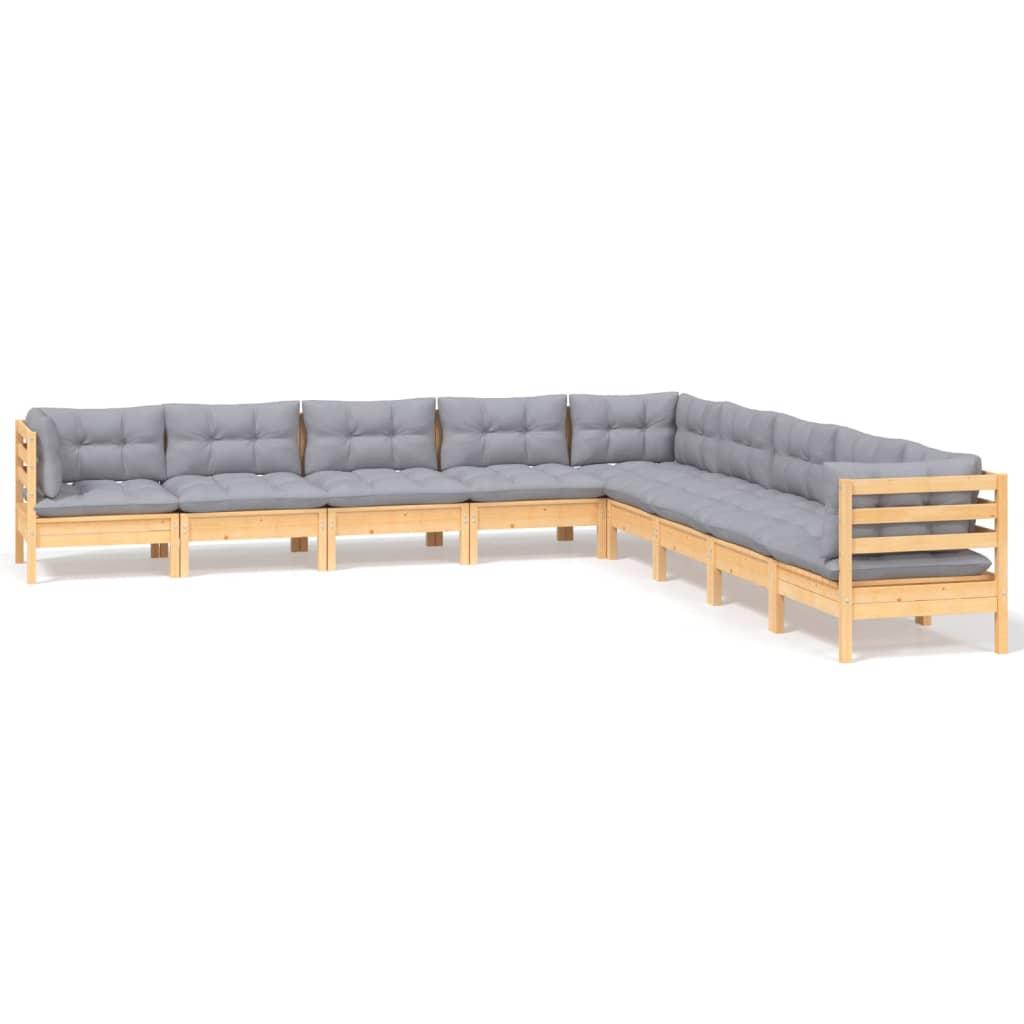 9 Piece Garden Lounge Set with Grey Cushions Solid Pinewood