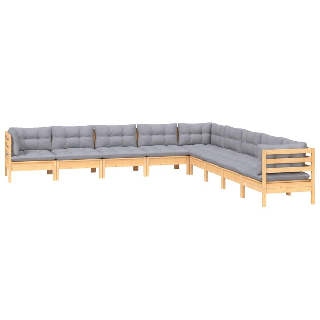 9 Piece Garden Lounge Set with Grey Cushions Solid Pinewood