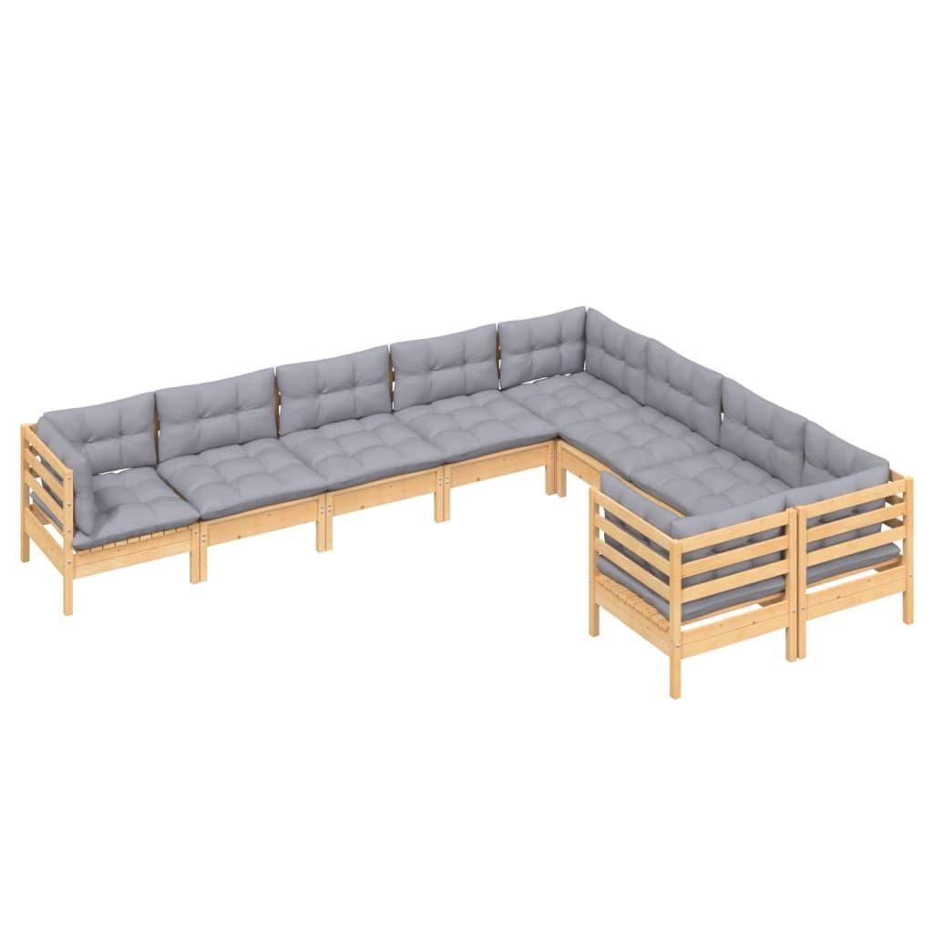 9 Piece Garden Lounge Set with Grey Cushions Pinewood