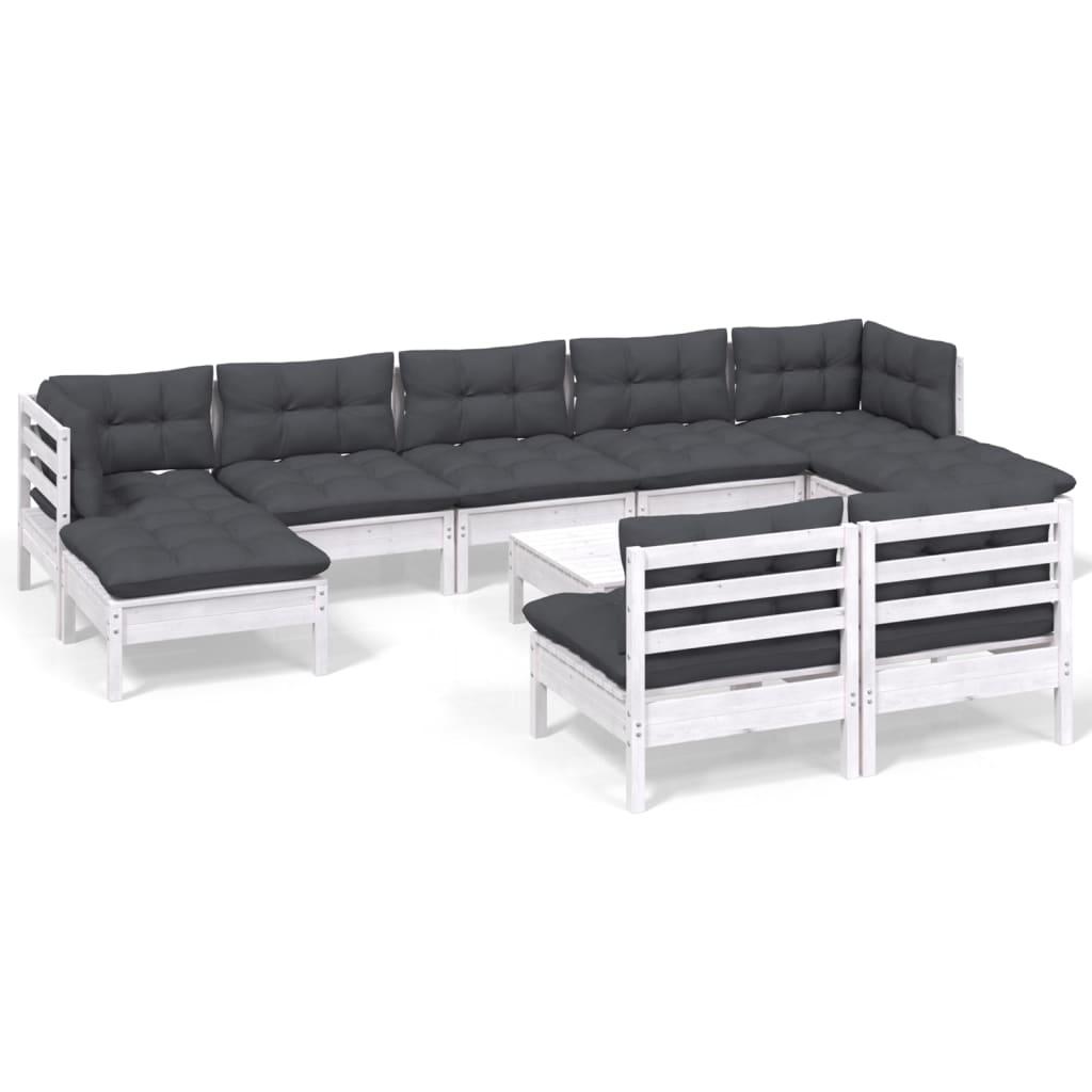 10 Piece Garden Lounge Set with Cushions White Pinewood