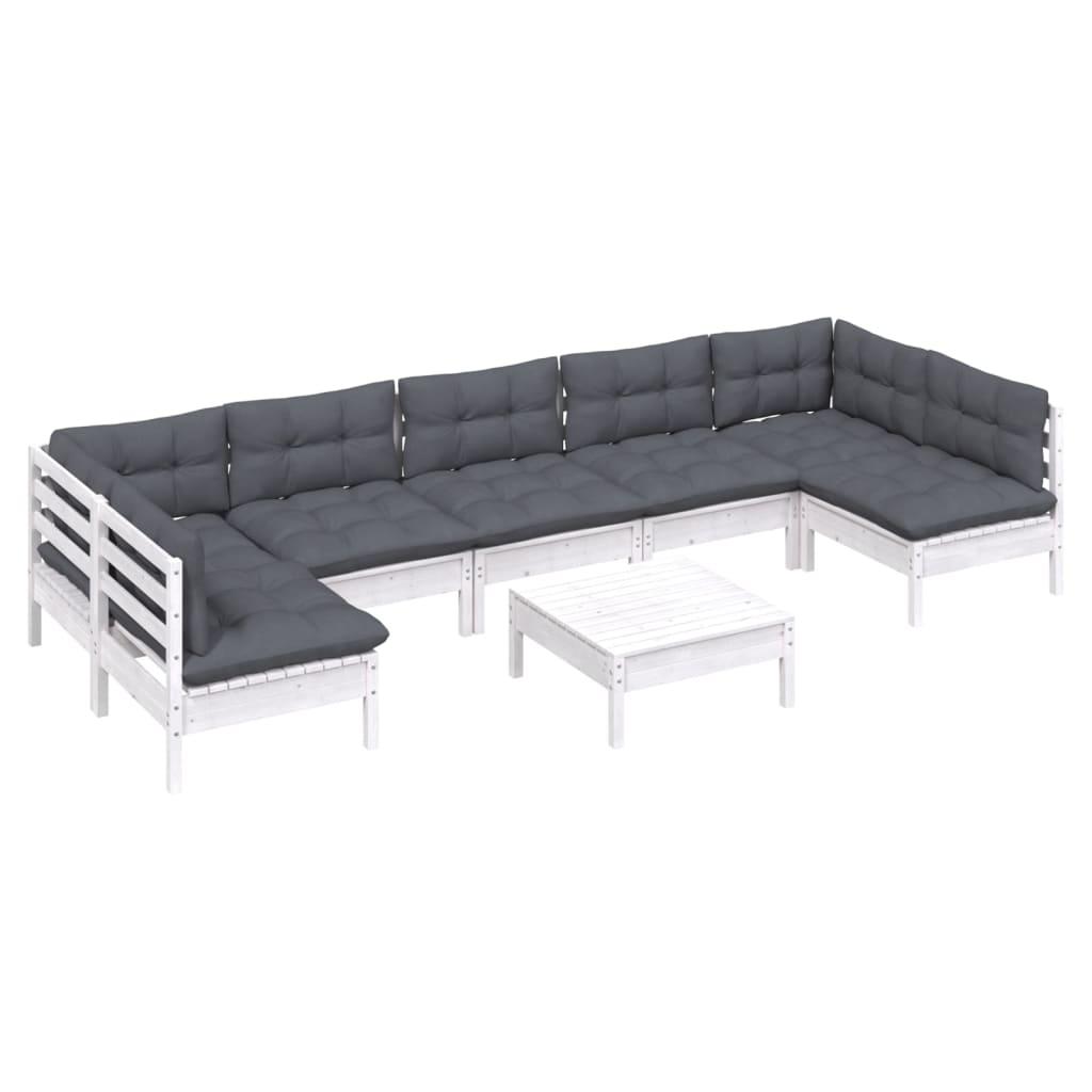 8 Piece Garden Lounge Set with Cushions White Solid Pinewood