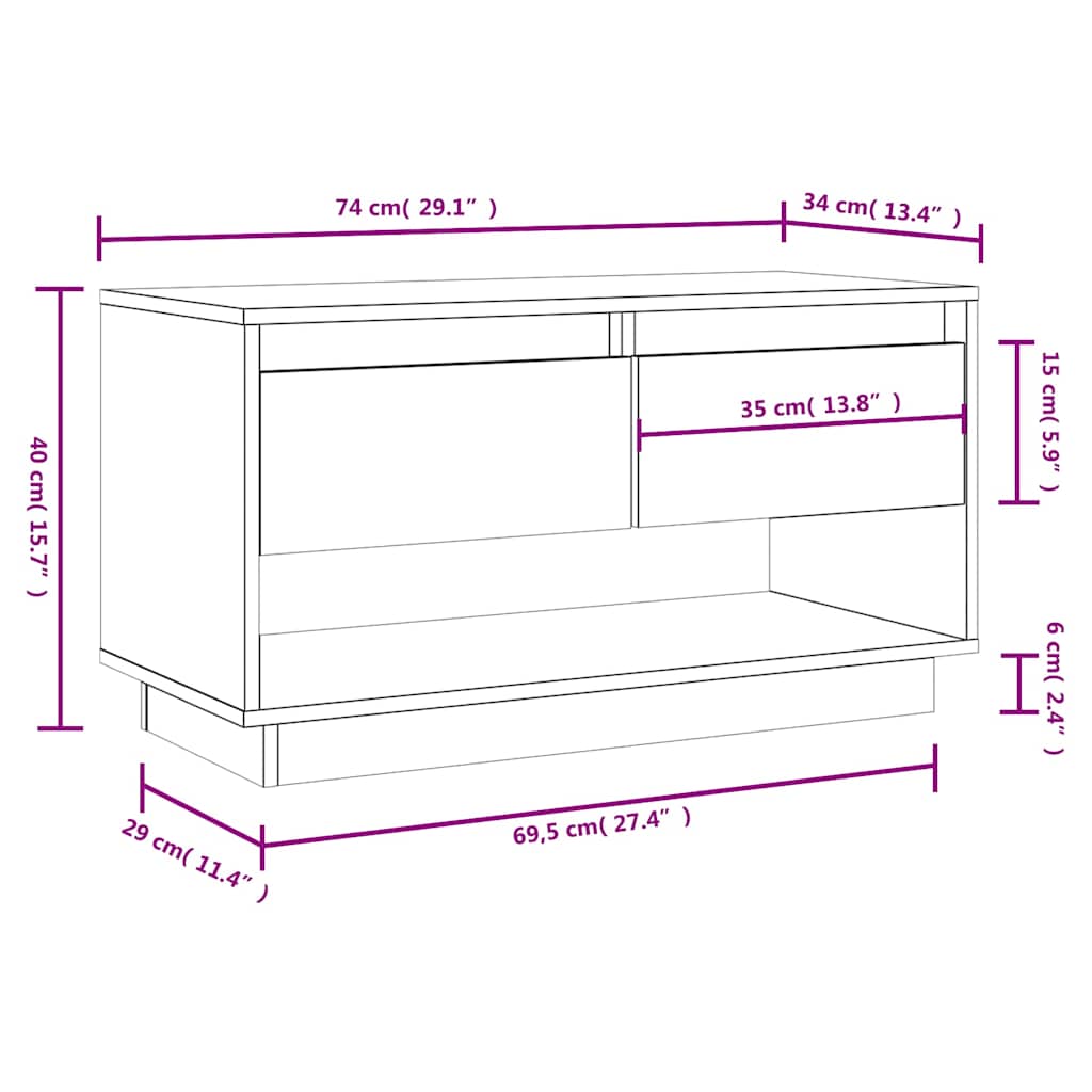 TV Cabinet White 74x34x40 cm Solid Wood Pine