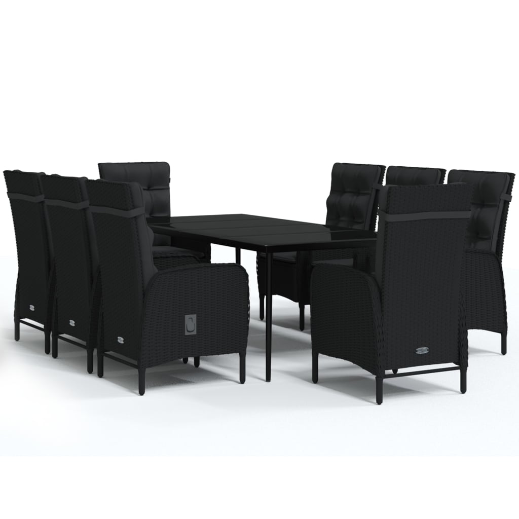9 Piece Garden Dining Set with Cushions Black