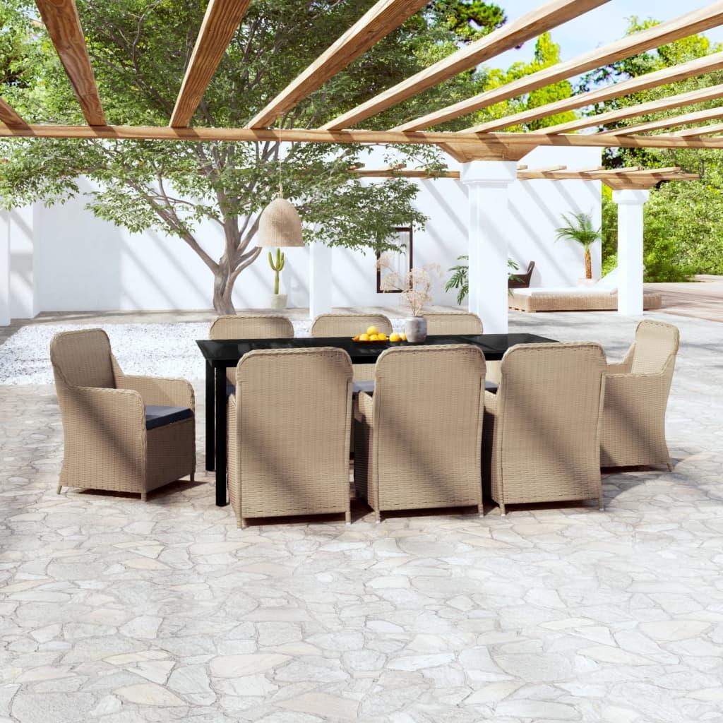 9 Piece Garden Dining Set with Cushions Brown