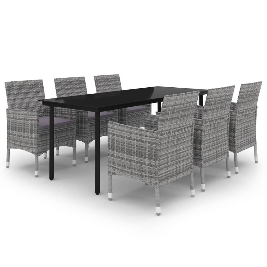 7 Piece Garden Dining Set with Cushions Poly Rattan and Glass