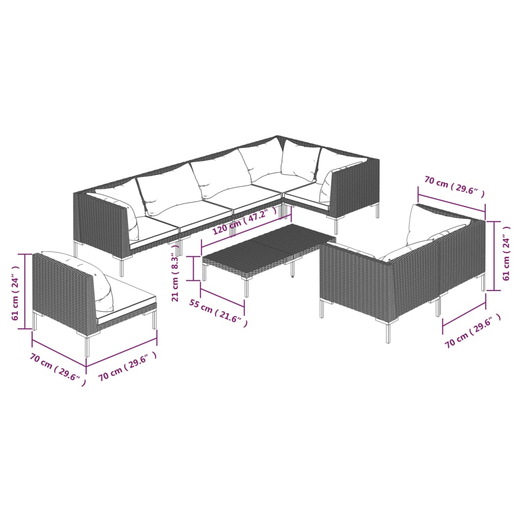 9 Piece Garden Lounge Set with Cushions Poly Rattan Dark Grey