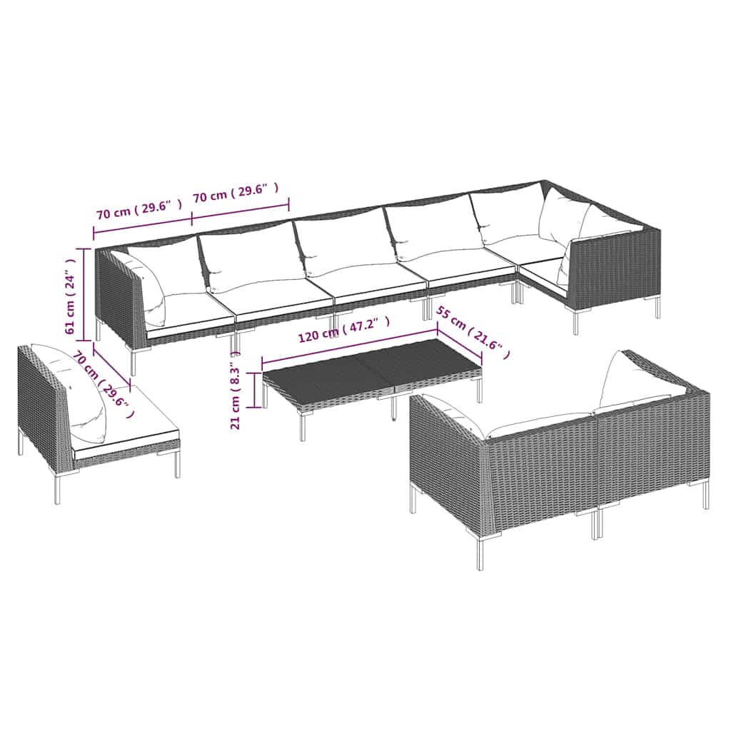 10 Piece Garden Lounge Set with Cushions Poly Rattan Dark Grey